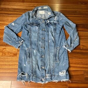 Distressed long Denim‎ Jacket Paint Splatter ripped